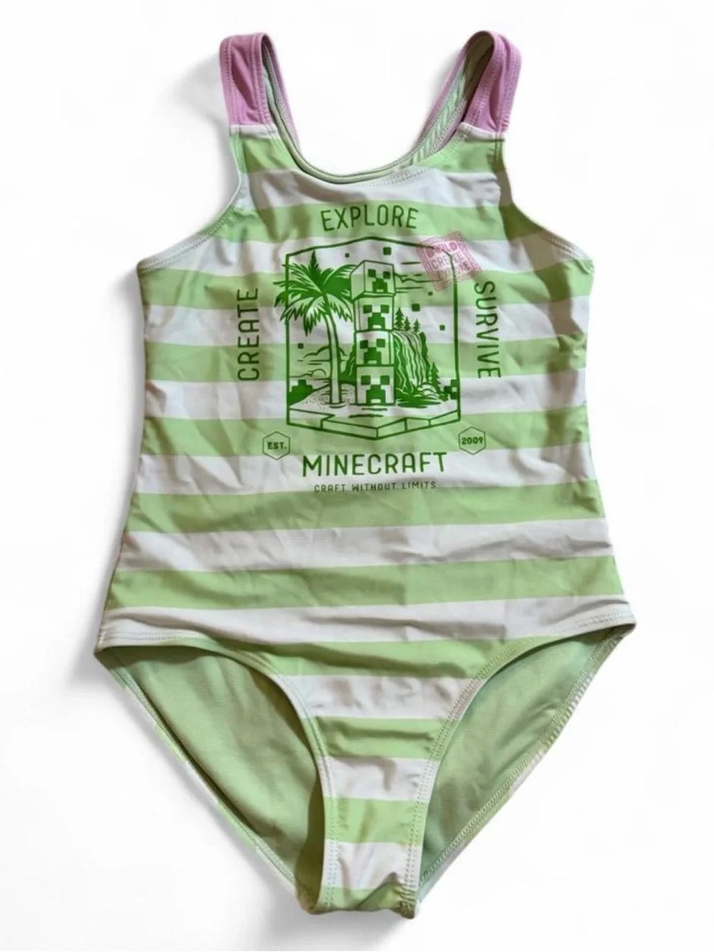 Minecraft Girls' Green Striped One-Piece Swimsuit Size 10/12